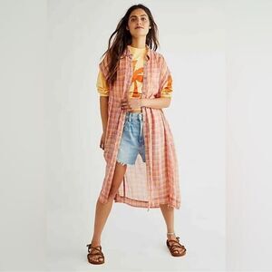 NWT Free People Isabelle Plaid Maxi Shirt Dress Duster pink/orange L